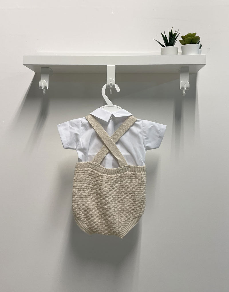 Completo neonato Pagliaccetto in maglia ricamato bottoni beige