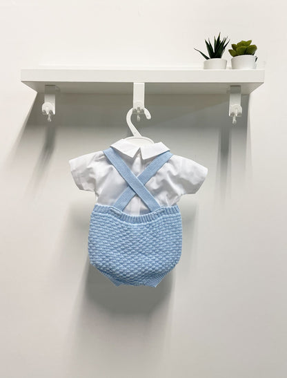 Completo neonato Pagliaccetto in maglia ricamato bottoni celeste