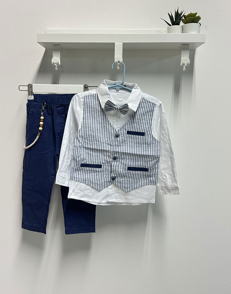Completo Neonato Panciotto righe papillon blu