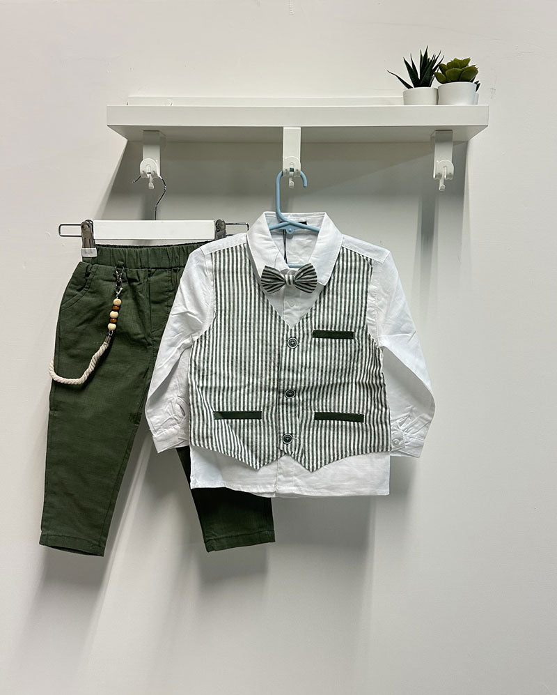 Completo Neonato Panciotto righe papillon verde