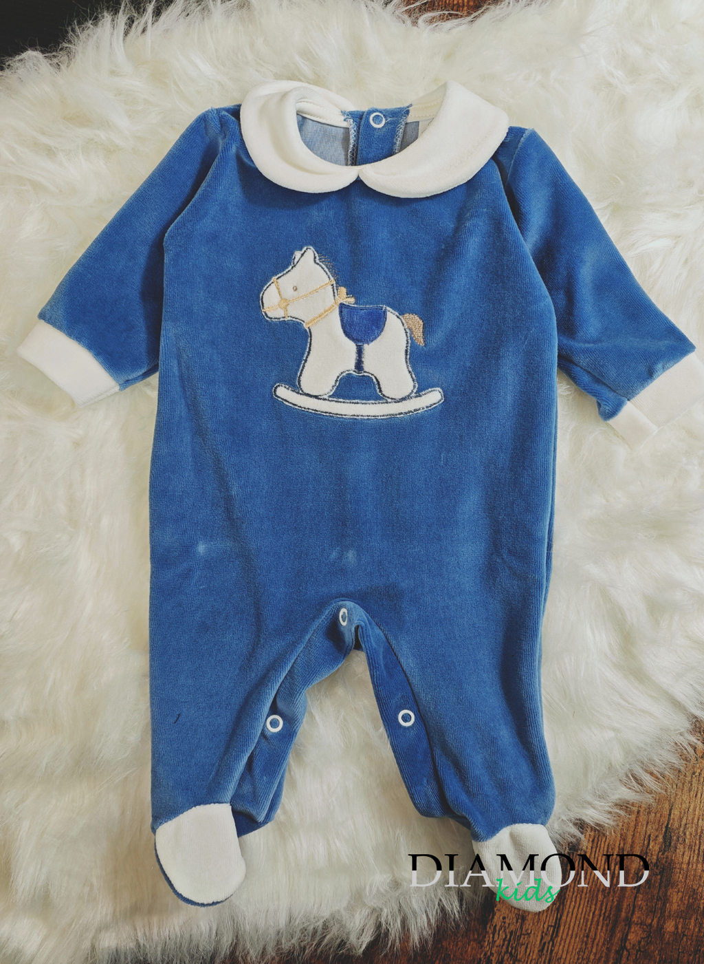 Tutina Neonata Cavallo a dondolo ciniglia blu