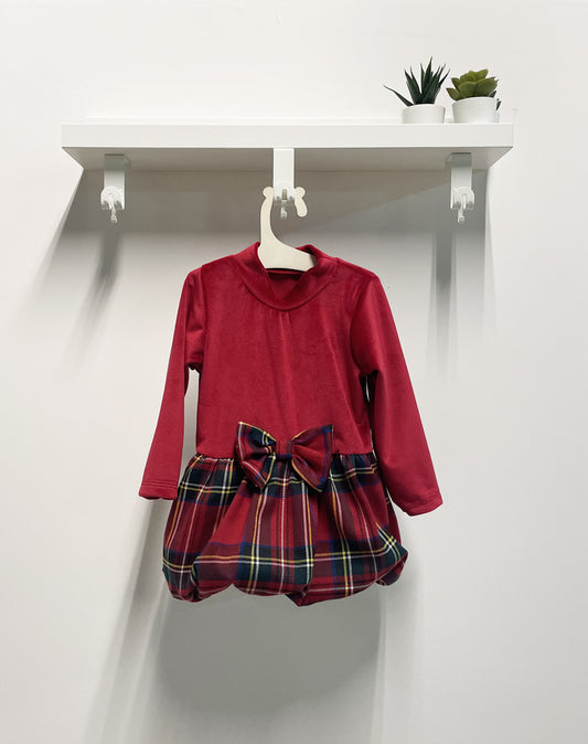 Baby Girl Dress Scottish Bow Velvet High Neck Red