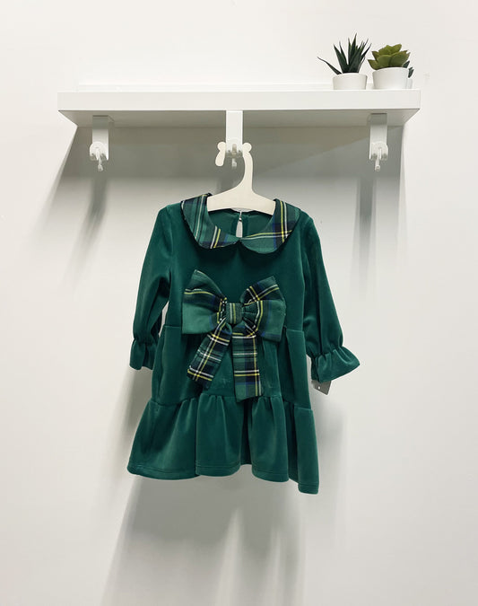 Baby Girl Dress Scottish Bow Velvet Green