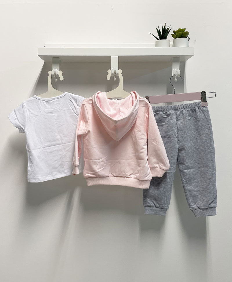 Completo Neonata Cat tre pezzi felpa rosa e grigio