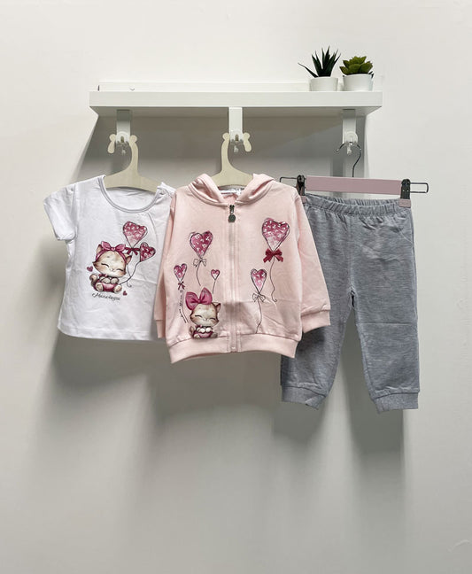 Completo Neonata Cat tre pezzi felpa rosa e grigio