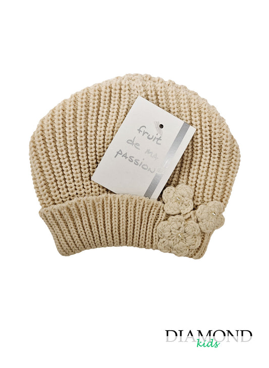 Cappellino Neonata fiocco fiori beige