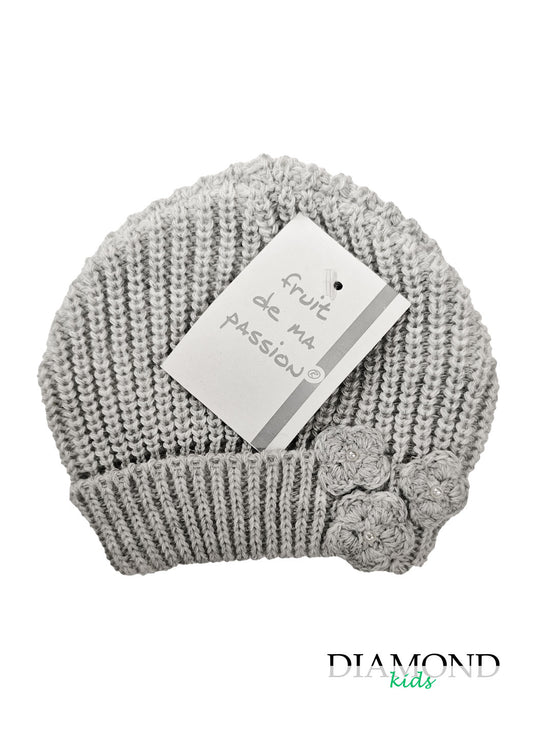 Cappellino Neonata fiocco fiori grigio