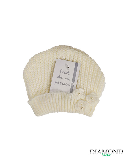 Cappellino Neonata fiocco fiori panna