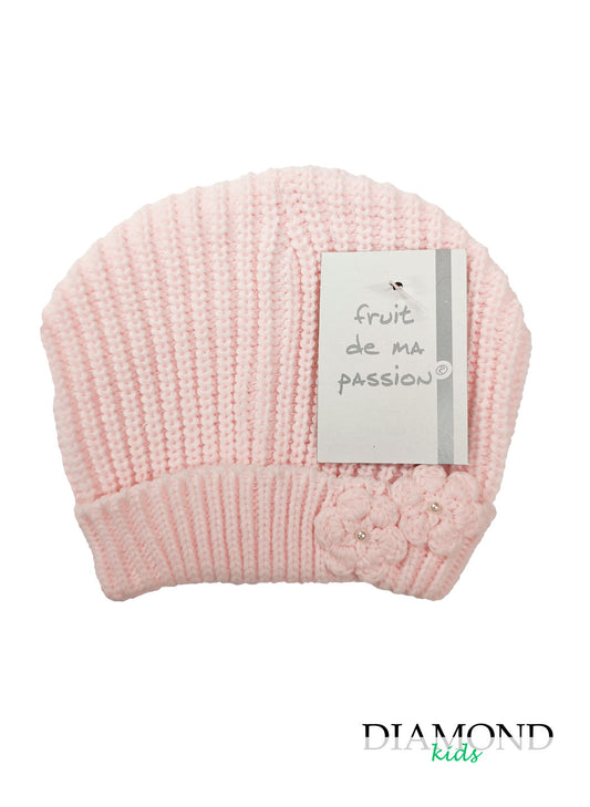Cappellino Neonata fiocco fiori rosa