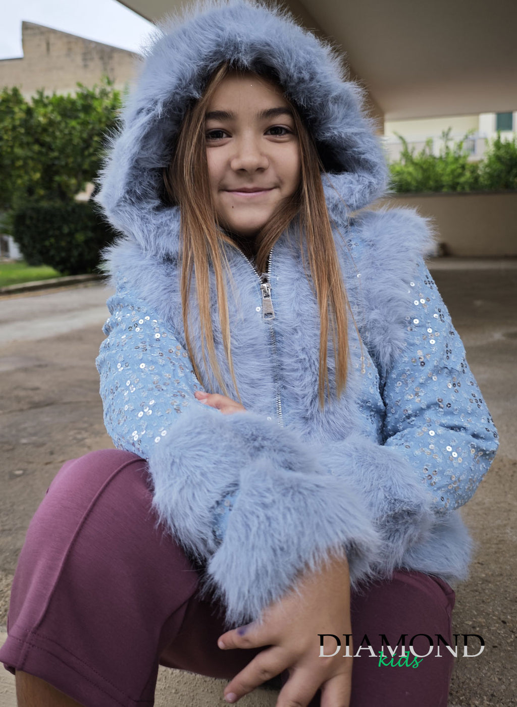 Ecopelliccia Bambina Cappuccio denim