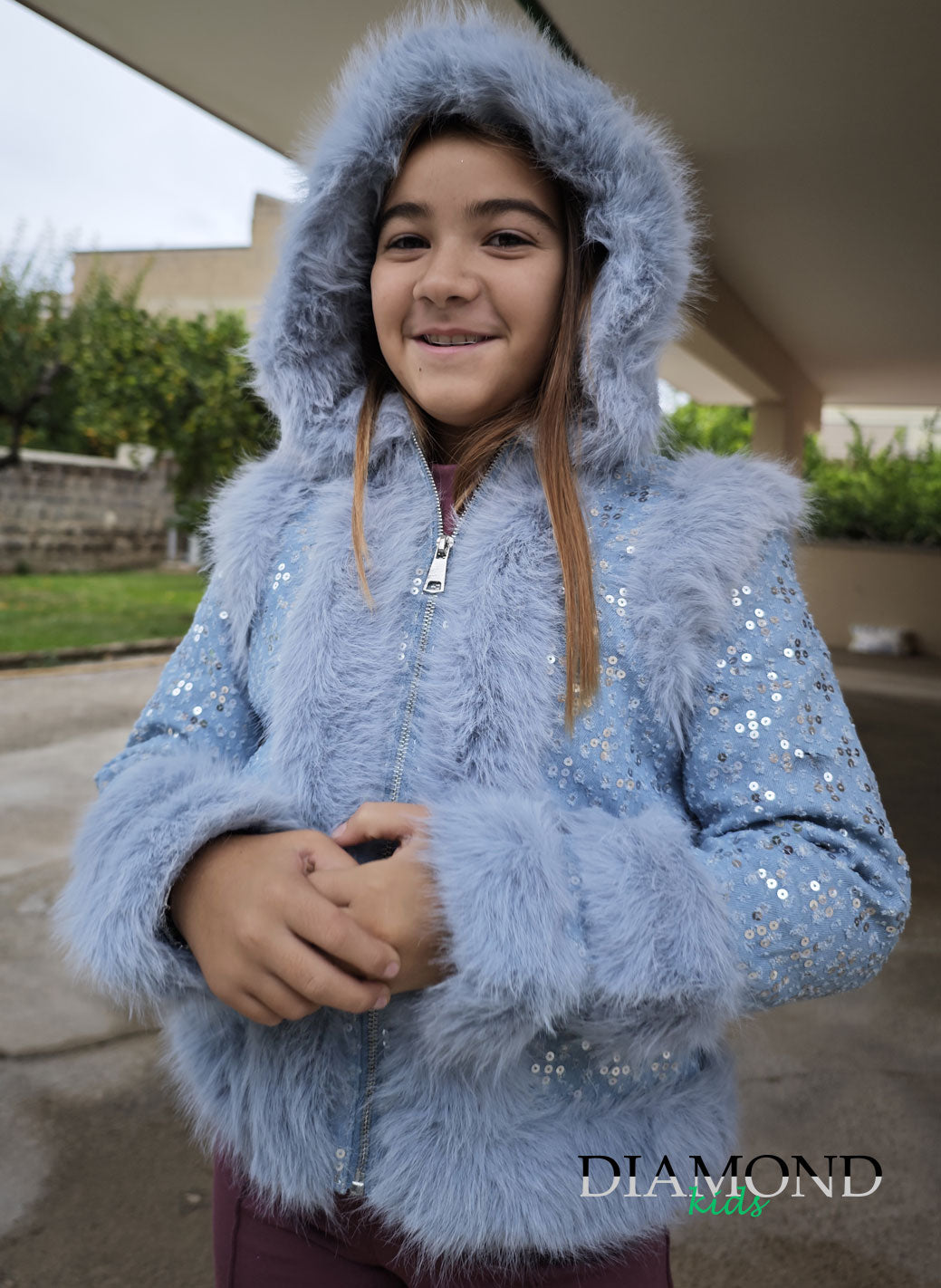 Ecopelliccia Bambina Cappuccio denim