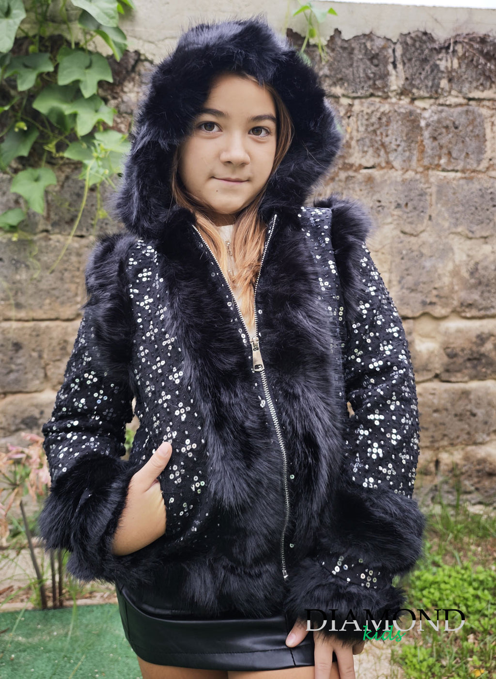 Ecopelliccia Bambina Cappuccio nera