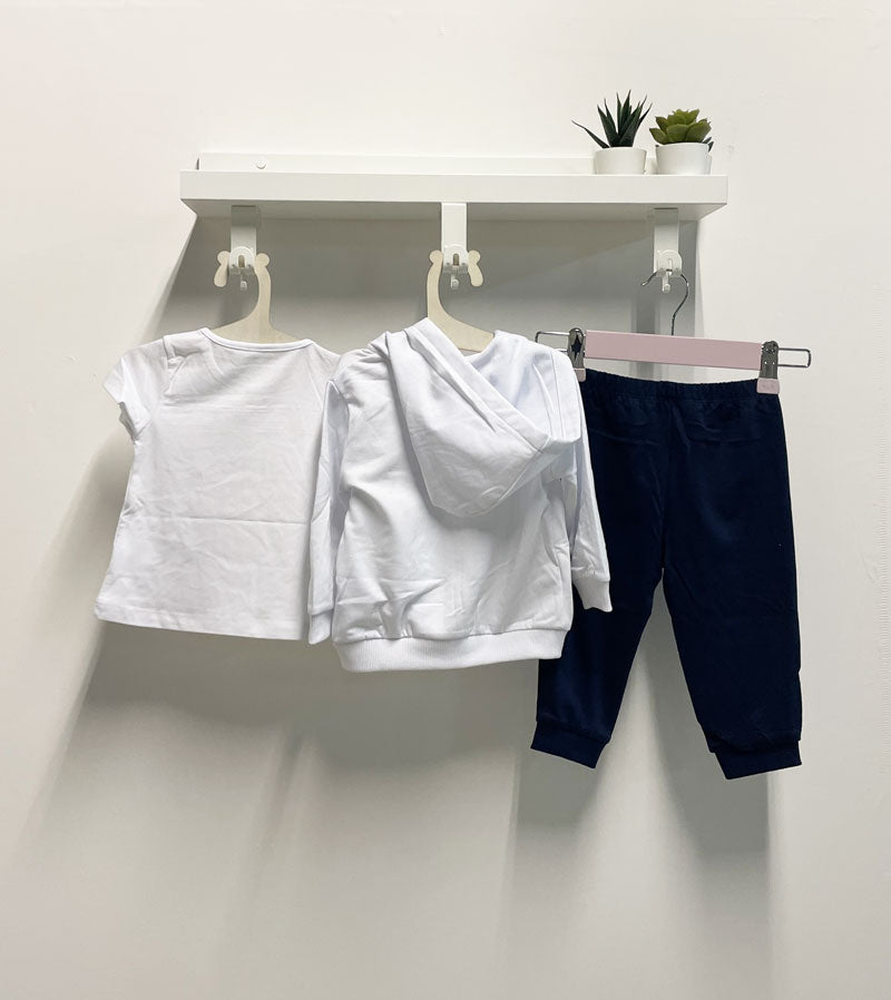 Completo Neonata Cat tre pezzi felpa bianco e blu