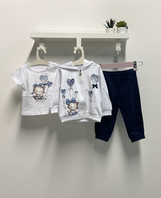 Completo Neonata Cat tre pezzi felpa bianco e blu