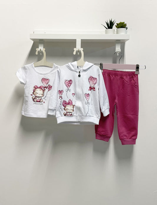 Completo Neonata Cat tre pezzi felpa bianco e fucsia