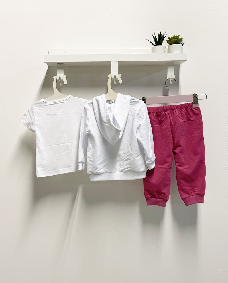 Completo Neonata Cat tre pezzi felpa bianco e fucsia