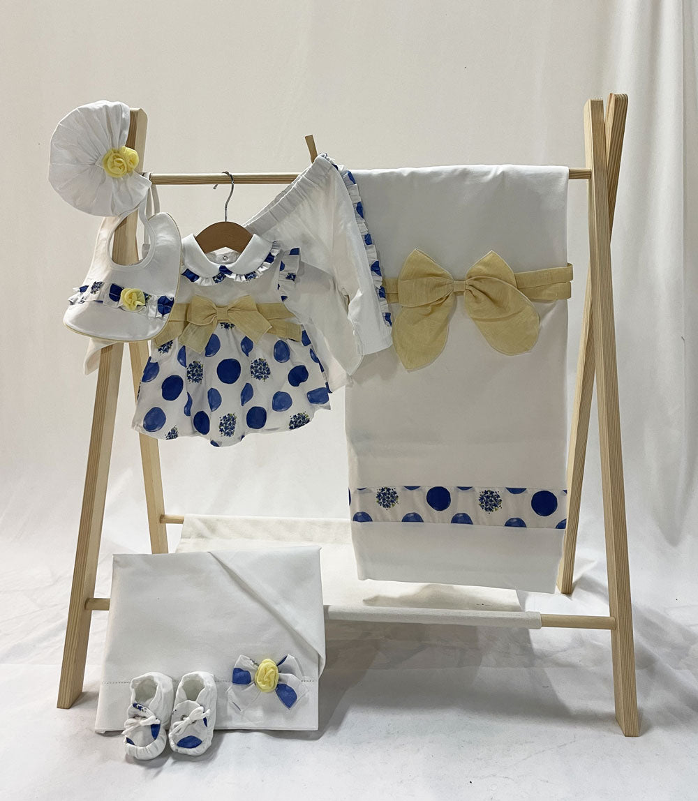 Baby Girl Layette Tender and Beautiful Polka Dots Blue and White