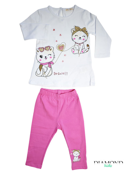 Completo Neonata Cute Cat bianco fucsia