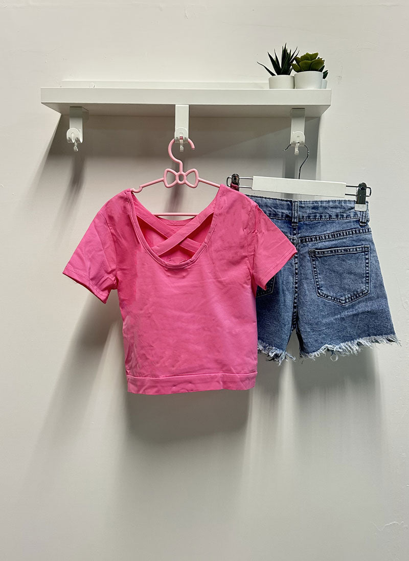 Completo Bambina H shorts denim fucsia