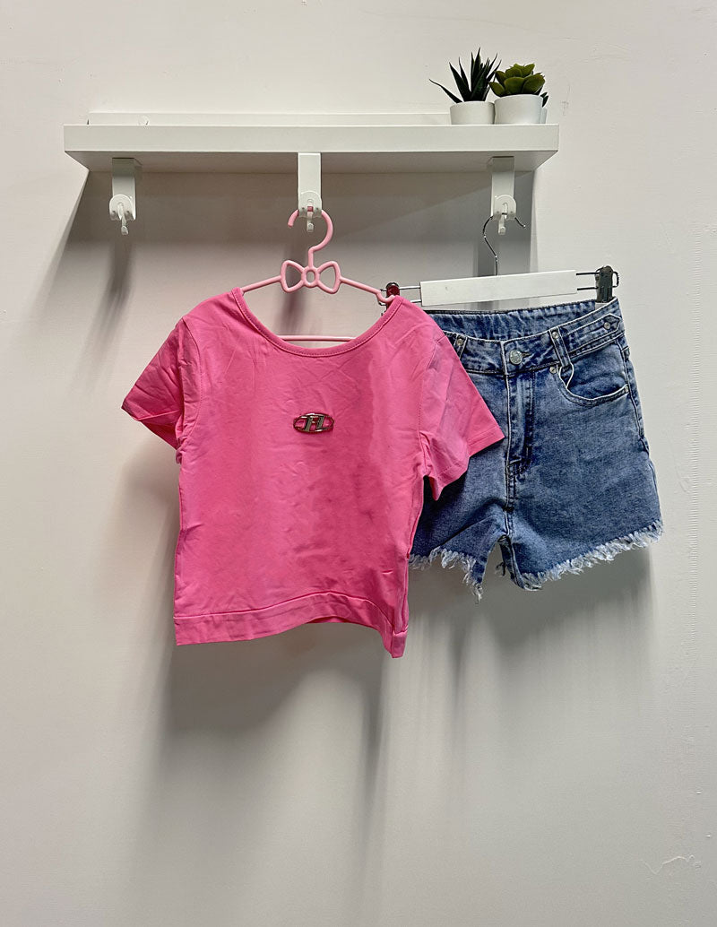 Completo Bambina H shorts denim fucsia
