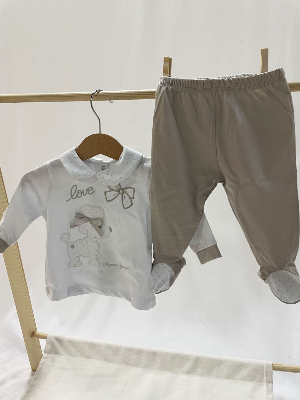 White and beige Dog baby girl outfit