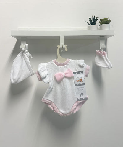 Completo neonato Pagliaccetto fiocco bianco e rosa