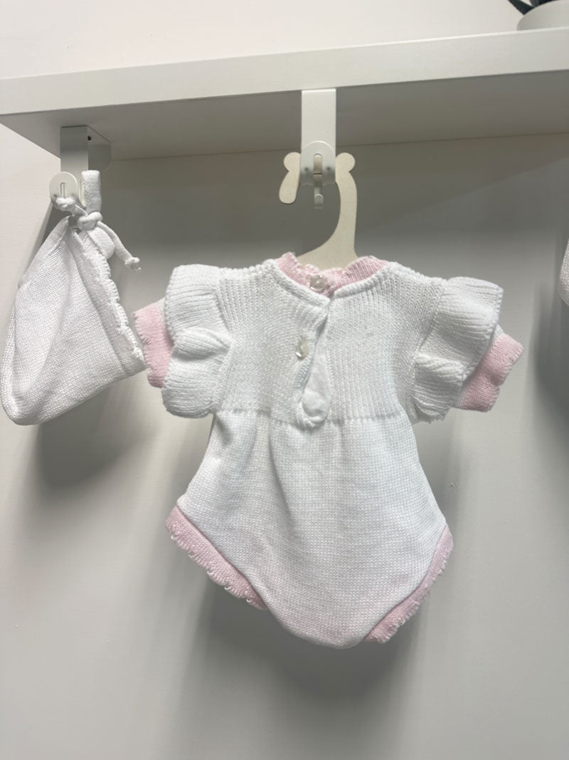Completo neonato Pagliaccetto fiocco bianco e rosa