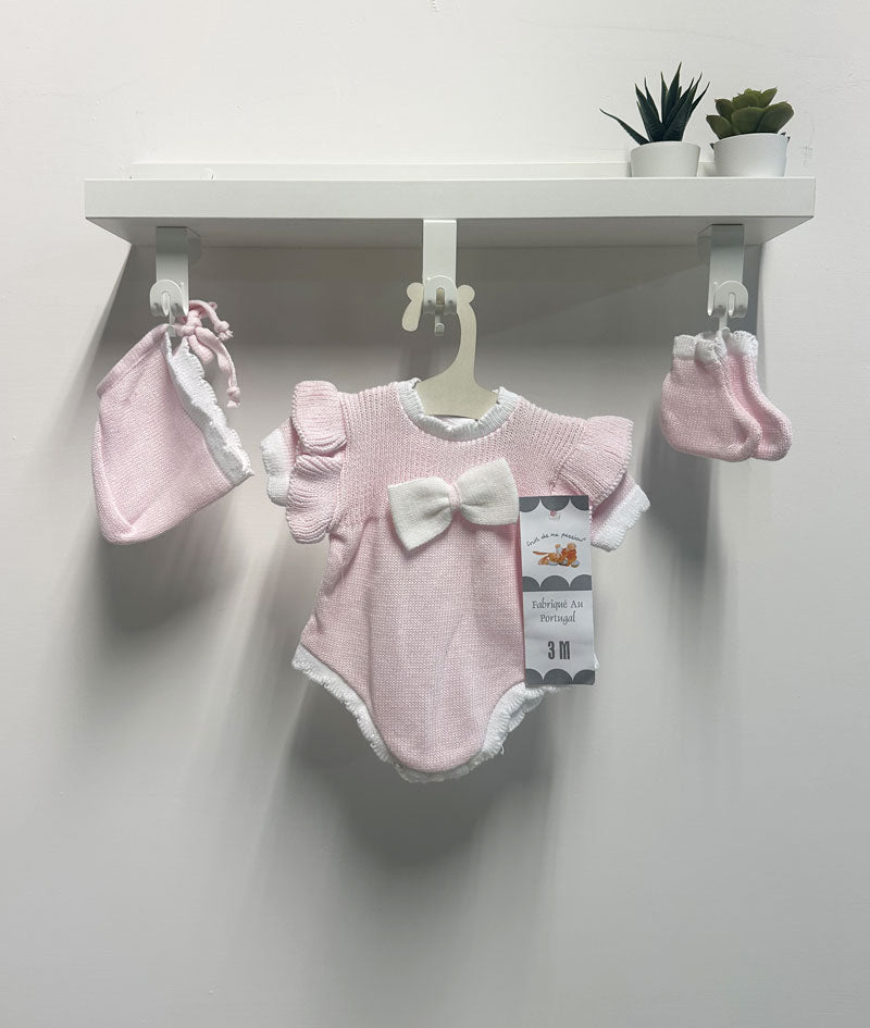 Completo neonato Pagliaccetto fiocco rosa e bianco