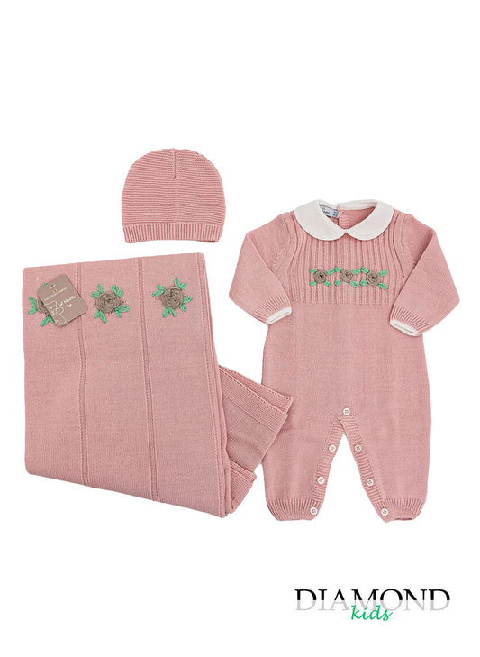 Set corredino prima nascita Nazareno 3 pezzi rosa fiori