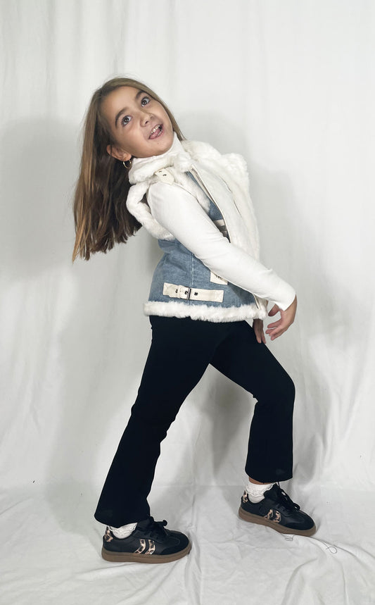 Street denim fur vest for girls