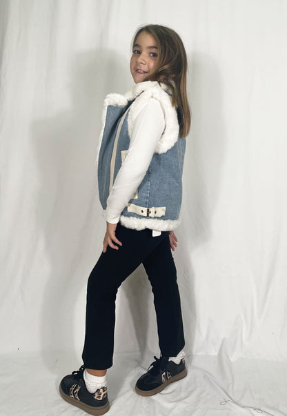 Street denim fur vest for girls