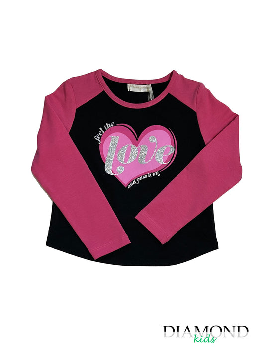 T-shirt Bambina Love fucsia e nera