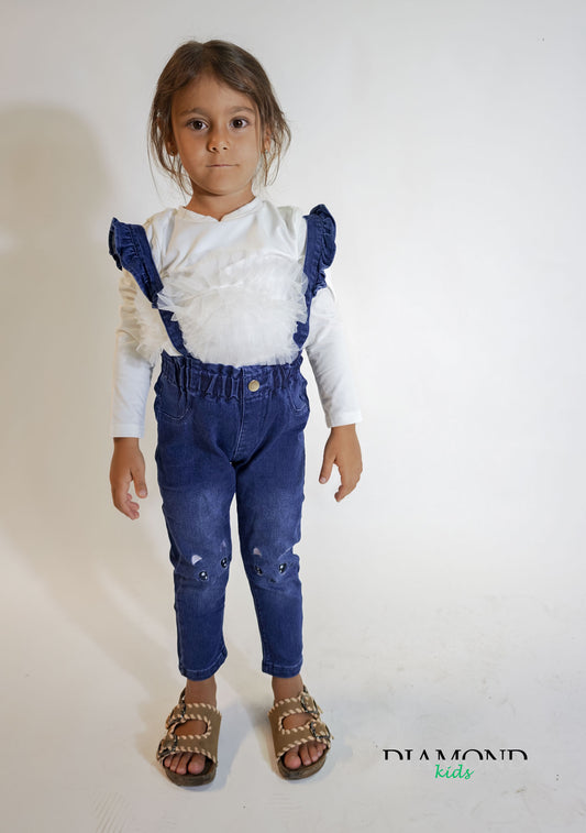 Jeans Neonata Gattino bretelle blu