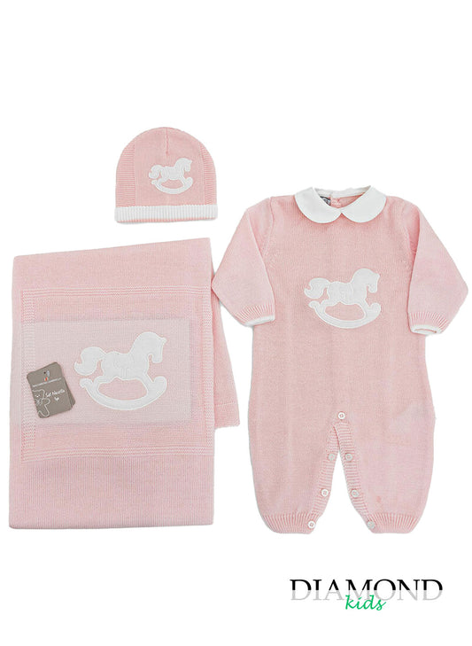 Set corredino prima nascita Nazareno 3 pezzi rosa cavallo a dondolo