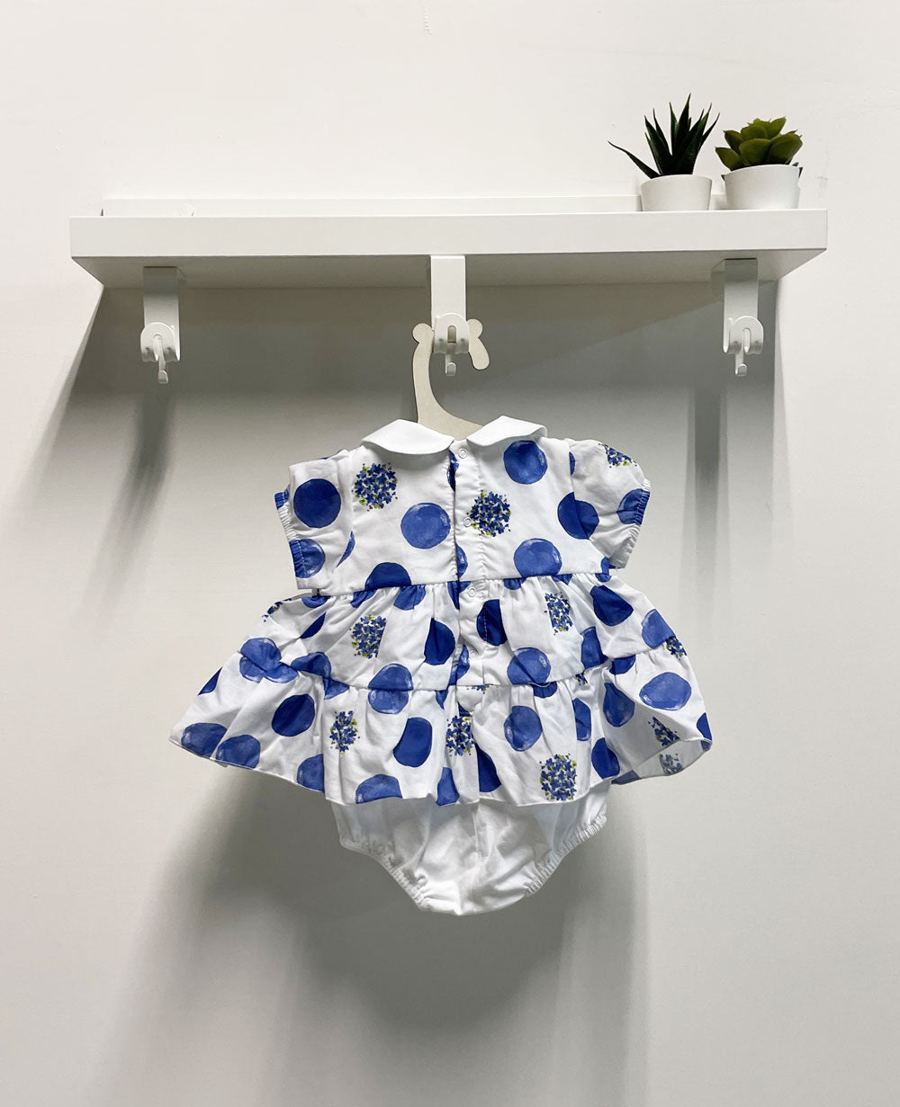 Baby Girl Romper with Tender and Beautiful Polka Dots, Blue and White