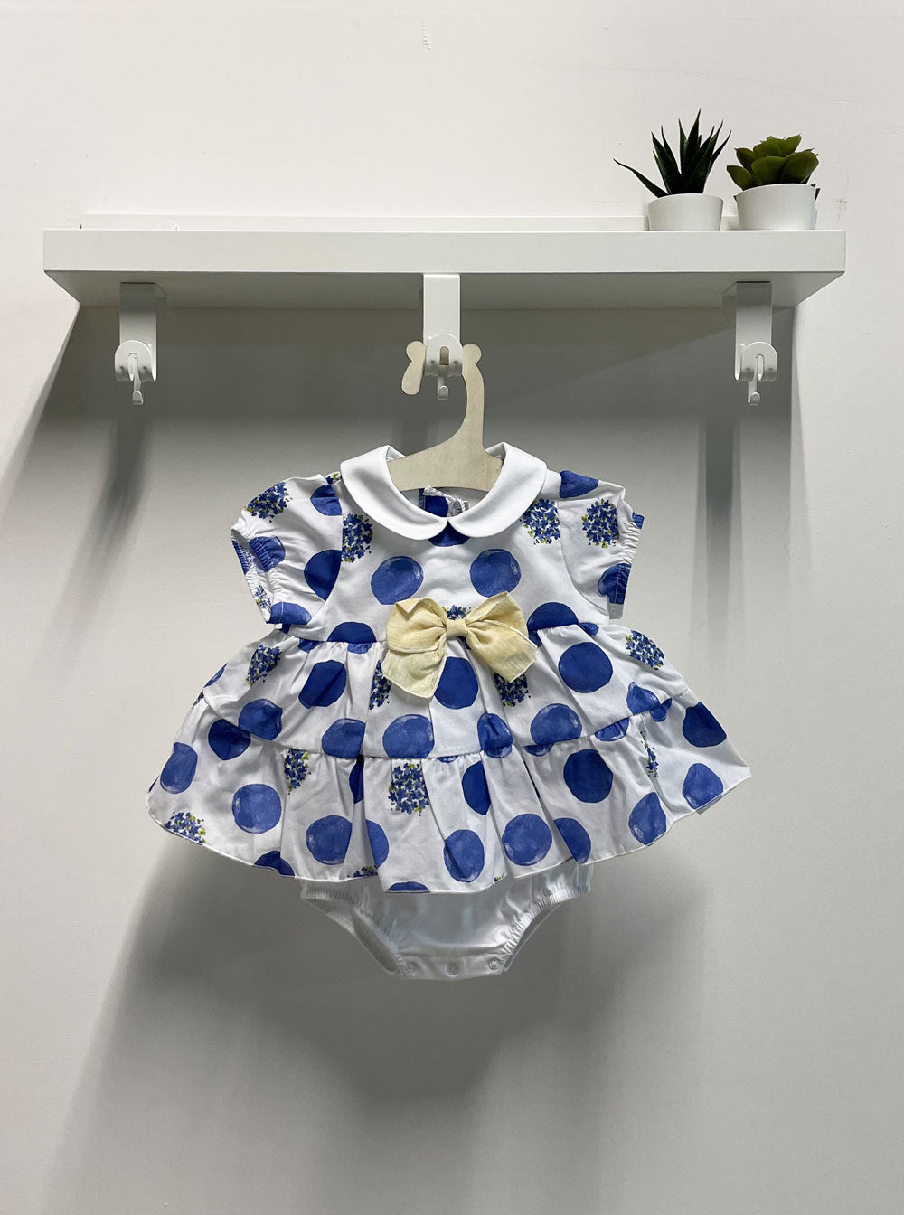 Baby Girl Romper with Tender and Beautiful Polka Dots, Blue and White