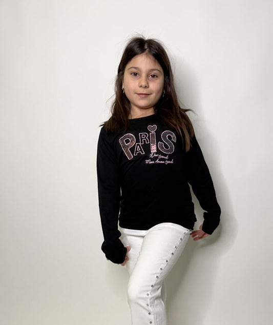 T-shirt Bambina Paris nera e rosa