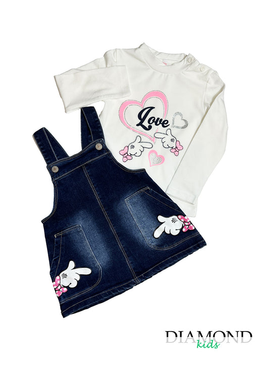 Completo Neonata Love salopette blu denim