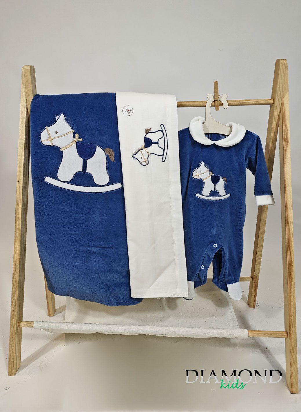 Completo Neonato ciniglia Cavalluccio blu